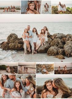 a collage of family photos taken on the beach in front of some rocks and water