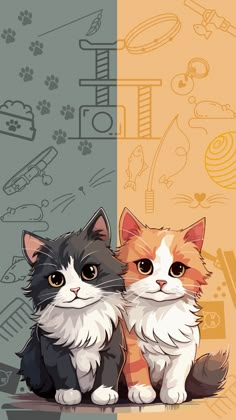 two cats sitting next to each other in front of a wall with drawings on it