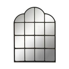 an arched mirror with many square windows on the front and back sides, all in black