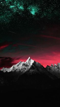 the night sky is filled with stars and bright green lights, as well as mountains