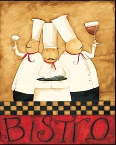 two chefs with wine glasses on their heads and the words bistro written below them