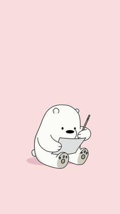 a white polar bear sitting on the ground with a pen in its mouth and writing