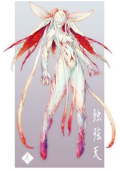 an anime character with long hair and blood on her body, standing in front of the camera