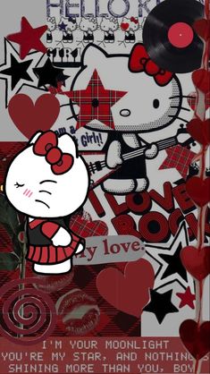 an image of hello kitty with many hearts and stars on it's back ground