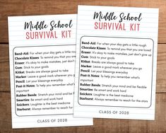 two middle school survival kit cards on a wooden table