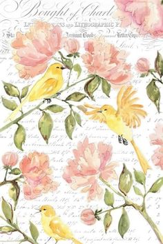 two birds sitting on top of pink flowers next to eachother with writing in the background