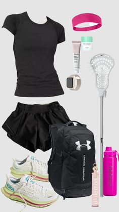 a women's outfit with sports gear and accessories