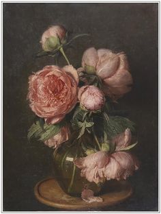 a painting of pink flowers in a green vase