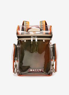 an orange and clear bag with the word bally on it's front pocket