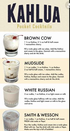 the cocktail menu for kahlua, which includes two different drinks and four different ingredients