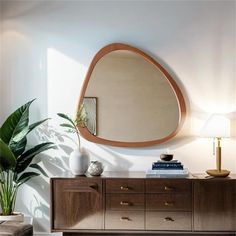 a mirror on the wall next to a dresser and potted plant in a living room