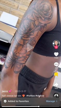 a woman with a rose tattoo on her arm and chest is looking at the camera