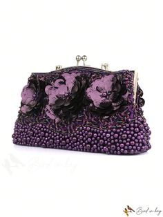 BirdinBag - Party Square Bag with Flower & Faux Pearl Decor, Kiss Lock Top Handle and Chain Chic Purple Shoulder Bag For Party, Chic Formal Flower-shaped Evening Bag, Flower-shaped Evening Clutch, Elegant Flower-shaped Party Bags, Chic Flower-shaped Evening Shoulder Bag, Flower Shaped Evening Bag, Purple Pouch Bag For Party, Chic Flower-shaped Evening Bag For Formal Occasions, Chic Floral Evening Bag For Formal Events