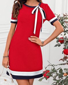 ✨Pre-order only, S(8) - XL(16) ✨ ✨Price : 65,000✨ Split Sleeve Dress, Elegant Summer Dresses, Color Block Tee, Red Bodycon Dress, Navy Fashion