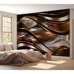 a bedroom scene with focus on the bed and wallpaper that has an abstract design