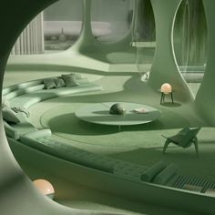 a futuristic living room with green carpeting and white couches in the middle of it