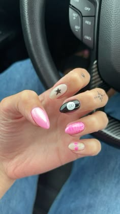 Acrylic Nails With Different Designs On Each Nail, Almond Nail Inspo With Gems, Fun Aesthetic Nails, Cute Gel X Nails Almond, Gel Nail Designs Step By Step, Fail Nails 2024, Black Fun Nails, Basic Easy Nails, Simply Cute Nails