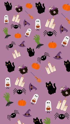 halloween seamless background with black cats, ghostes and pumpkins on purple paper