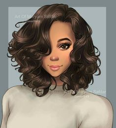 a digital painting of a woman with curly hair and brown eyes wearing a white top