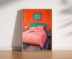 a painting of a bed in a room with orange walls and wooden flooring, along with a pink bedspread