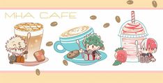 three cartoon characters sitting next to each other in front of coffee cups and strawberries