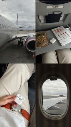 the view from inside an airplane looking out at another plane's wing and window