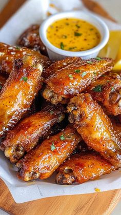 chicken wings with dipping sauce and lemon wedges