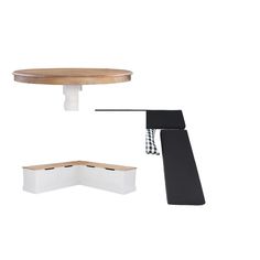 three different types of tables and benches with black and white accessories on them, including a table