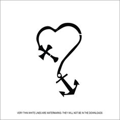 a black and white drawing of an anchor in the shape of a heart with two arrows