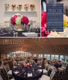 the reception room is set up with flowers and menus