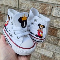 Prince Mickey in a red suit.  Crown, Mickey head and age on the tonuges. Mickey Mouse Outfit For Boys, Customizable Red Sneakers, Customizable Red Sneakers With Round Toe, Red Mickey Mouse Sneakers With Round Toe, Red Low-top Mickey Mouse Sneakers, Mickey Mouse Converse, Prince Mickey Mouse, Personalized Converse, Mickey Mouse Tattoo