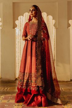 Barat Dress in Pishwas Frock and Bridal Lehenga Style Barat Dress, Pakistani Clothes Online, Frock Style, Resham Work, Raw Silk Fabric, Pakistani Wedding Dress, Lehenga Style, Red Lehenga