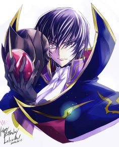 an anime character with purple hair and blue eyes holding a red object in his hand