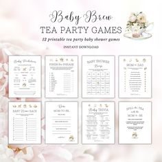 baby shower tea party games with pink flowers and gold details on them, all in white