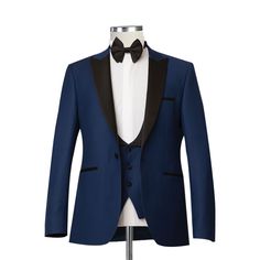 Experience the Unmatched Class of the Bespoke Navy Blue Tuxedo With Black Lapel Step into a realm of elegance and timeless sophistication with our meticulously crafted suit, designed for the modern gentleman. With its unique navy blue color, this bespoke navy blue tuxedo immediately commands attention and adds a distinctive touch to your formal ensemble. The Art of Craftsmanship Each suit is a testament to our unwavering commitment to quality and craftsmanship. Made from high-quality 140s fab... Blue Fitted Suit For Black-tie Events, Elegant Royal Blue Notch Lapel Tuxedo, Blue Formal Winter Sets, Blue Formal Sets For Winter, Fitted Blue Tuxedo For Black-tie Events, Blue Tuxedo Three-piece Suit, Luxury Blue Suits For Black-tie Events, Fitted Royal Blue Tuxedo For Semi-formal Occasions, Tailored Blue Single Breasted Tuxedo