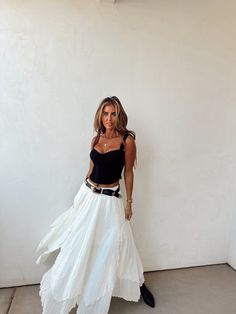 Solid Sheer Maxi Skirt Wide Smocked Waistband Layered Skirt Handkerchief Lettuce Edge Hem Side Slits Thigh Length Lining White Flowy Maxi Skirt Outfit, Sapphic Clothes, Flowy Maxi Skirt Outfit, White Flowy Skirt Outfit, Flowy Skirt Outfit, White Flowy Skirt, White Skirt Outfits, Flowy Skirts, Sheer Maxi Skirt