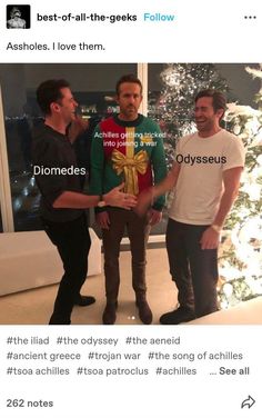 two men standing next to each other in front of a christmas tree with the caption best - of - all - the - geeks follow