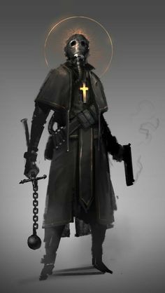 Sci Fi Priest Character Design, Post Apocalyptic Priest, Plague Doctor Warrior, Cyberpunk Priest, Dieselpunk Character Art, Priest Concept Art, Post Apocalyptic Character Ideas, Post Apocalyptic Character Design