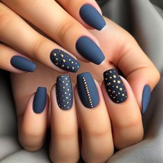 Nails In November, Navy Bridesmaid Nails, Matt Navy Nails, Navy Blue And Teal Nails, Navy Autumn Nails, Matte Navy Nails With Gold, November Matte Nails, November Blue Nails, Navy Rose Gold Nails