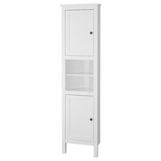 a tall white cabinet with two doors on the front and one door open to reveal a shelf