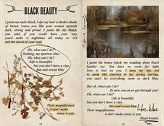 an open book with pictures of trees and water in the pages, which have been altered to say black beauty