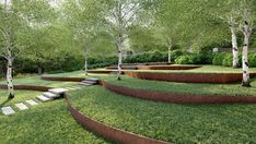 an outdoor garden with steps and trees in the grass, surrounded by stone steppings