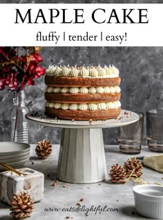 Decorated naked maple cake on cake stand Maple Vanilla Cake, Maple Butter Cake, Maple Filling For Cake, Maple Poke Cake Recipes, Maple Cake Filling, Maple Layer Cake, Fall Wedding Cake Recipes, Maple Birthday Cake, Maple Bourbon Cake