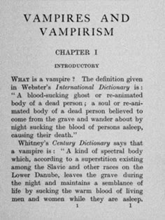 an old black and white book with writing on the front page that says vampires and vamprism