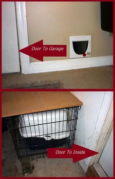 two pictures showing the door to garage and dog crate