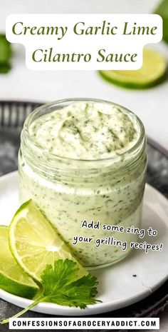 creamy garlic lime cilantro sauce on a white plate