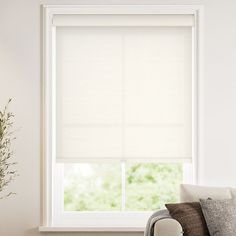 a living room with a couch and window covered in white roman blind shades on the windowsill