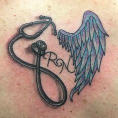 a tattoo with an angel and a stethoscope on the back of it