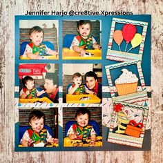 a collage of photos with children in the middle and balloons above them on a wooden background