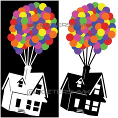 two houses with balloons in the air and one house is on top of another building